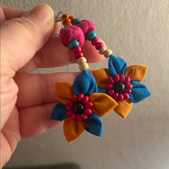 Jewelry - Handmade Blue & Mustard Fabric Flower Earrings with Pink Bead Accents